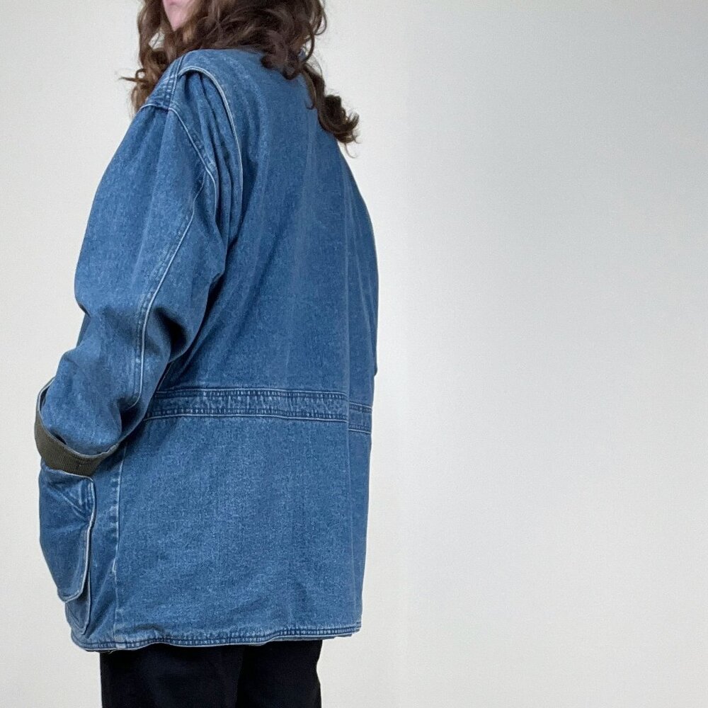 Vintage Denim Barn Coat Field Farm Utility Jean Jacket Oversized Plaid Americana - Picture 5 of 10